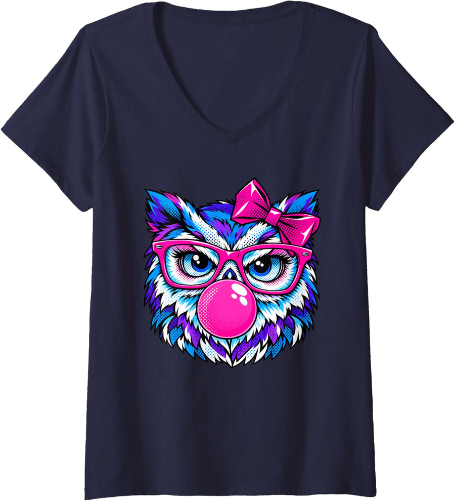 Women's Bubblegum Pink Owl 80s Retro Aesthetic Cute Cat Eye Glasses V-Neck T-Shirt - Navy Blue