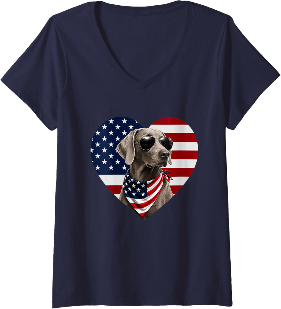 Women's Weimaraner Dog USA Flag Heart Patriotic Design V-Neck T-Shirt - Navy Blue