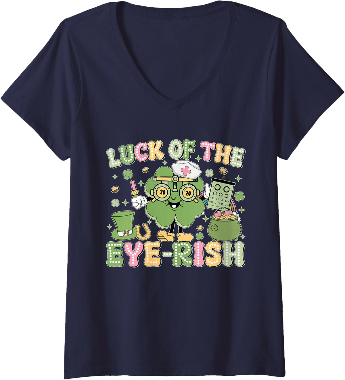 Women's Luck of The Eye-Rish St Patrick's Day Shamrock Optometry V-Neck T-Shirt - Navy Blue