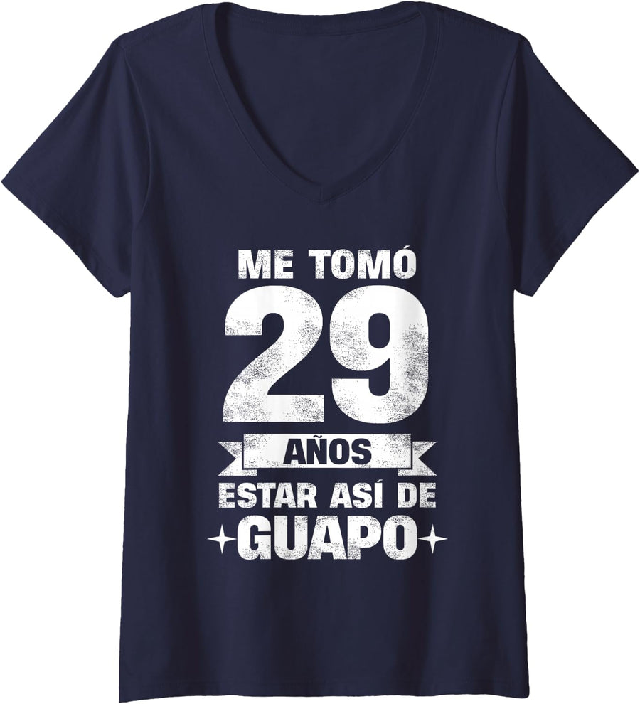 Women's 29th Birthday Gift for Men in Spanish, Regalo cumpleaños 29 V-Neck T-Shirt - Navy Blue