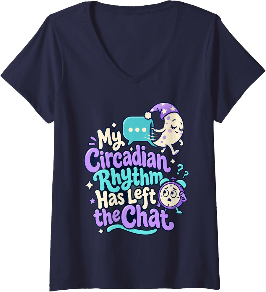 Women's My Circadian Rhythm Has Left the Chat Funny Sleep Design V-Neck T-Shirt - Navy Blue