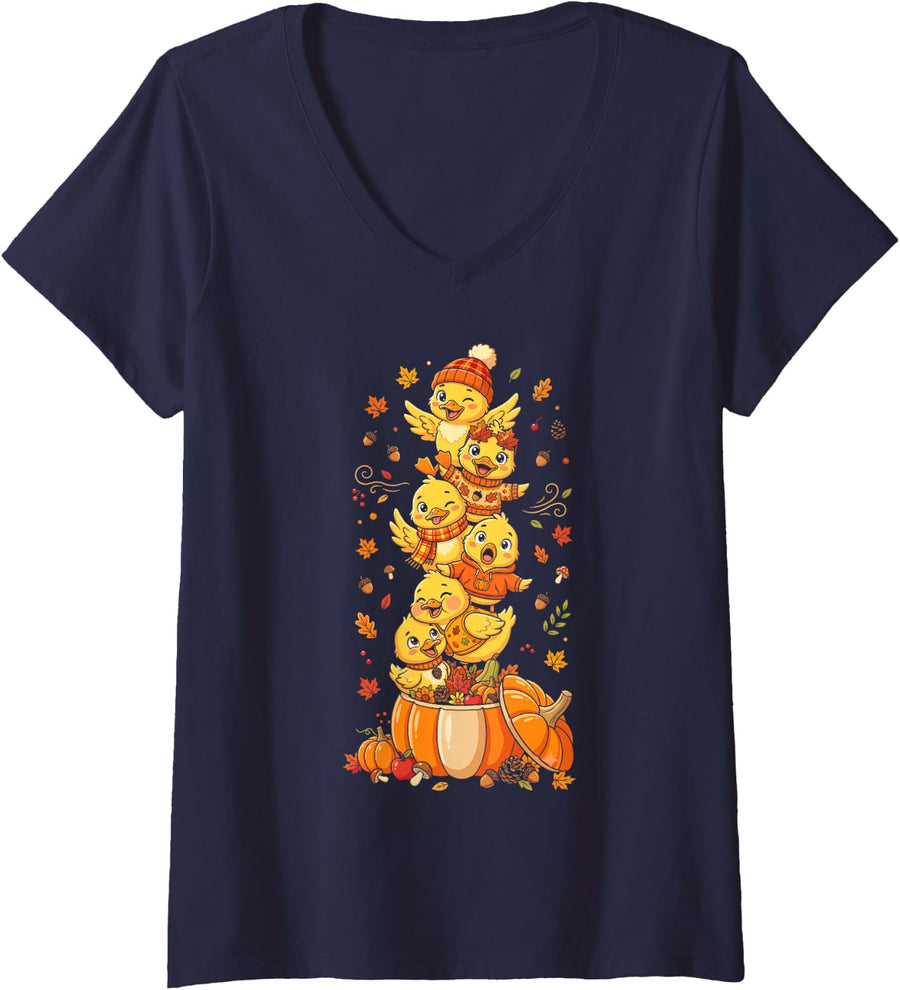 Women's Autumn Pumpkin Fall Duck Thanksgiving Womens Mens Kids V-Neck T-Shirt - Navy Blue