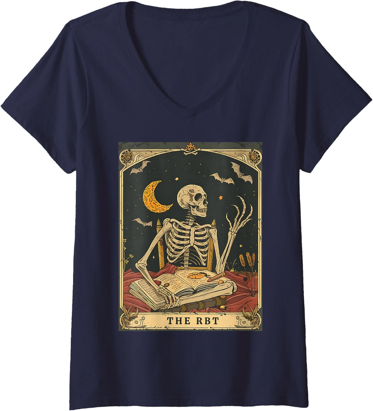 Women's RBT Tarot Card Funny Skeleton Behavior Analyst Halloween V-Neck T-Shirt - Navy Blue