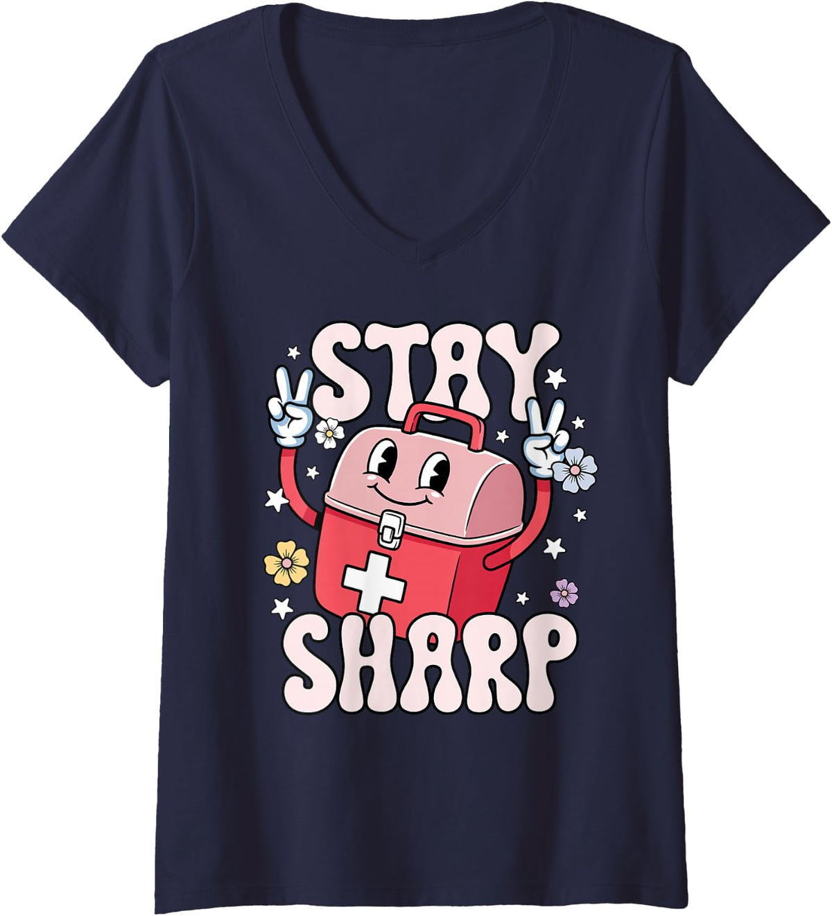 Women's Phlebotomy Nurse Funny Phlebotomist Infusion Tech Stay Sharp V-Neck T-Shirt - Navy Blue