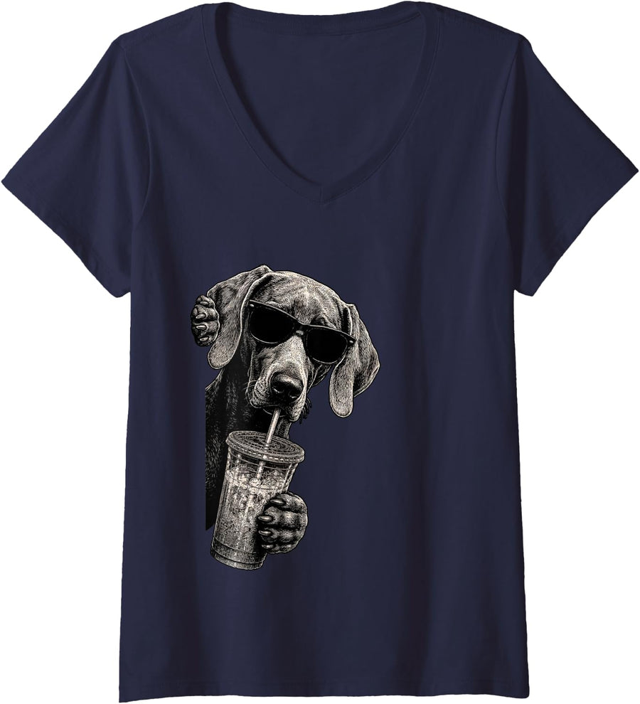 Women's Weimaraner Dog Peeking Drinking Iced Coffee Humor V-Neck T-Shirt - Navy Blue