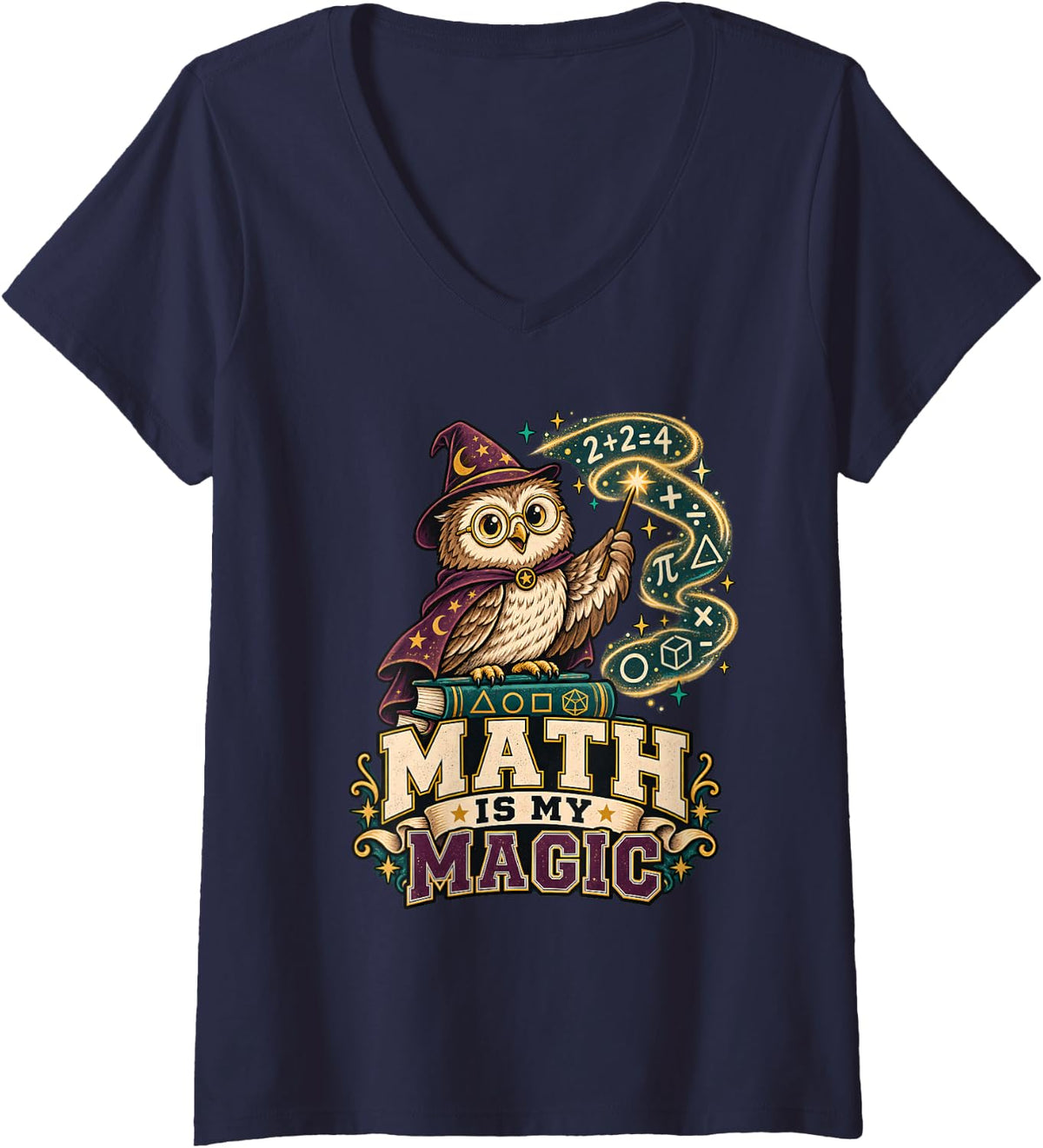 Women's Math is My Magic Owl Wizard Teacher Mathematics V-Neck T-Shirt - Navy Blue