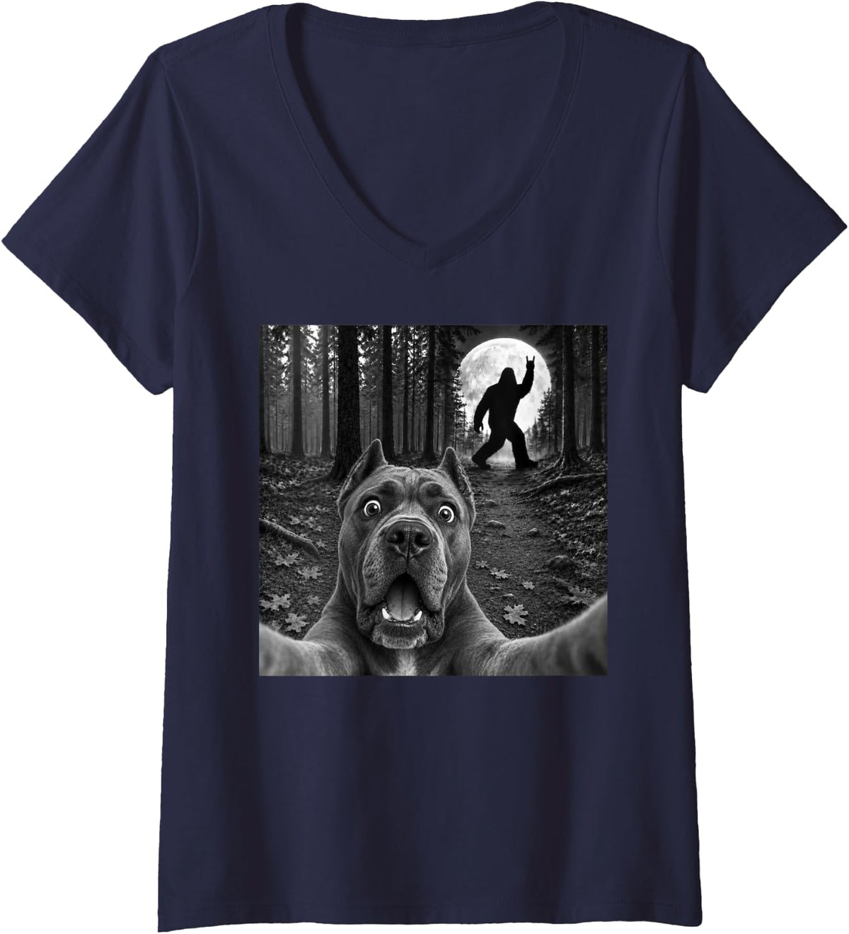 Women's Cane Corso Selfie with Bigfoot Rock and Roll Dog Sasquatch V-Neck T-Shirt - Navy Blue