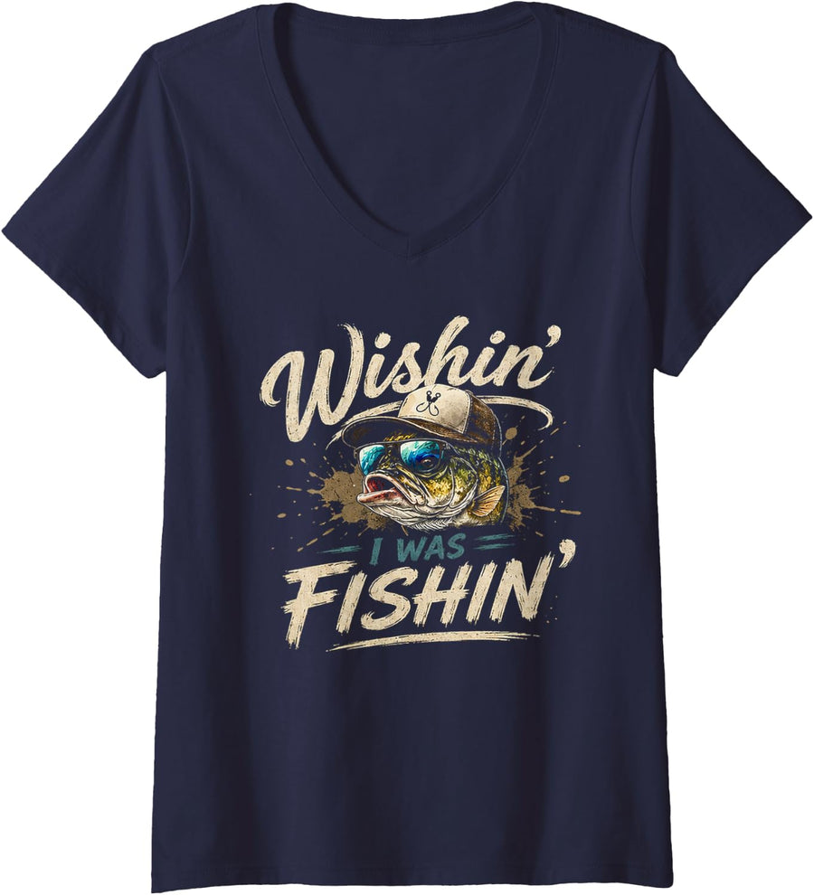 Women's Wishin I was Fishin Funny Bass Fishing Sunglasses Cap V-Neck T-Shirt - Navy Blue