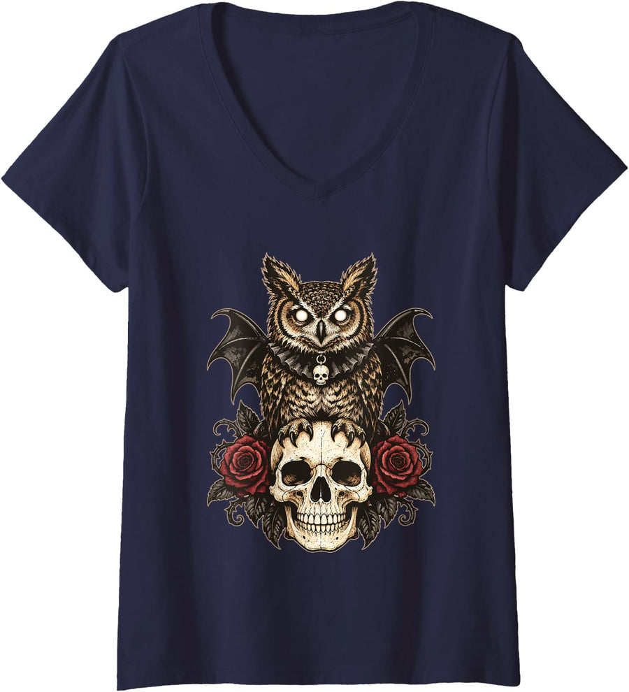 Women's Owl with Bat Wings Floral Gothic Skull Halloween Animal V-Neck T-Shirt - Navy Blue