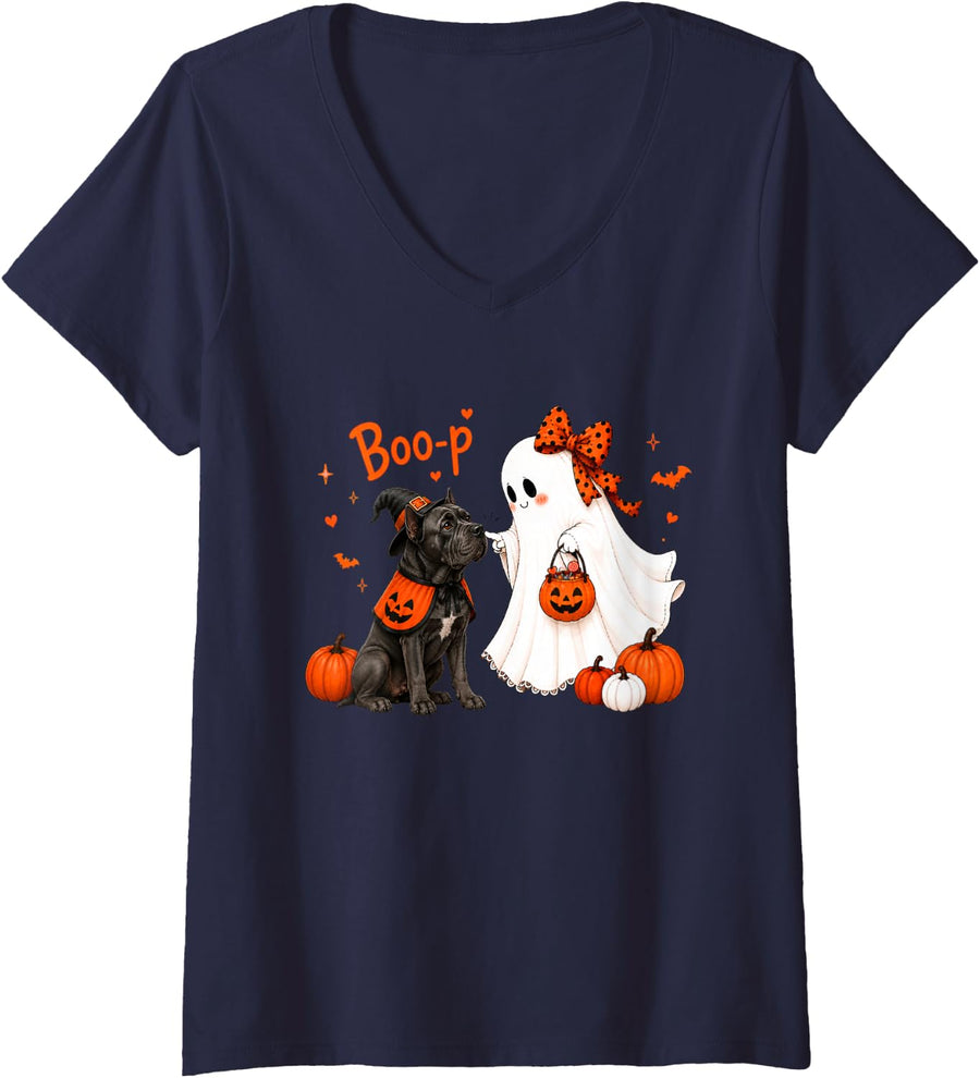 Women's Cane Corso Boo Boo-p Ghost Nose Boop Halloween Dog Lover V-Neck T-Shirt - Navy Blue