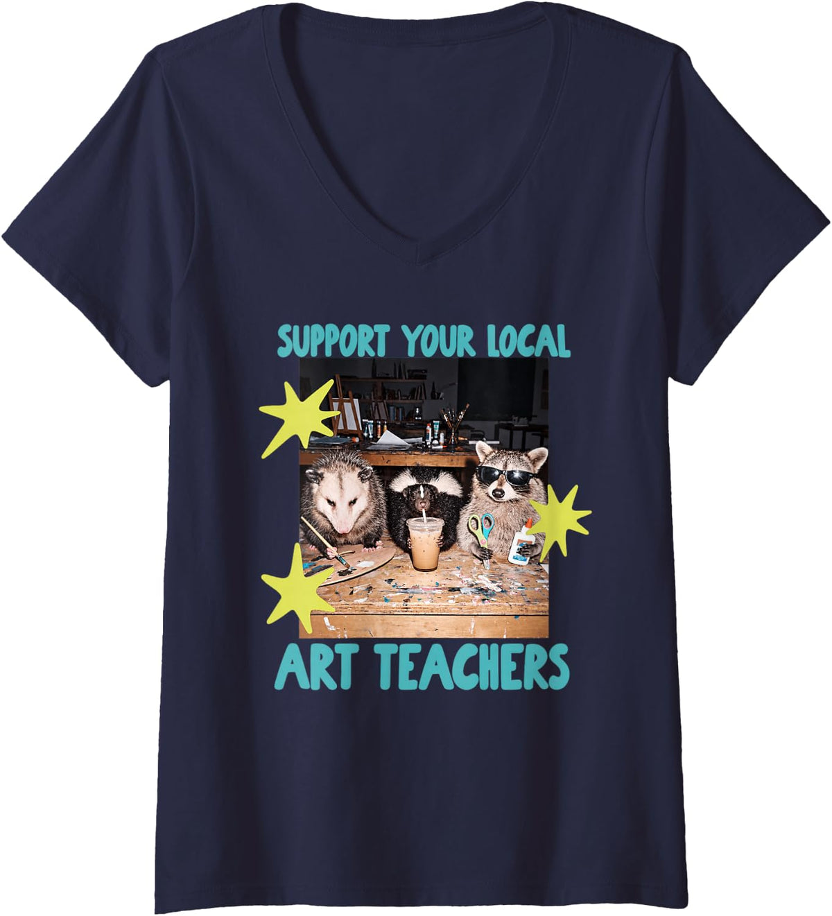 Women's Support Your Local Art Teachers Opossum Skunk Raccoon V-Neck T-Shirt - Navy Blue