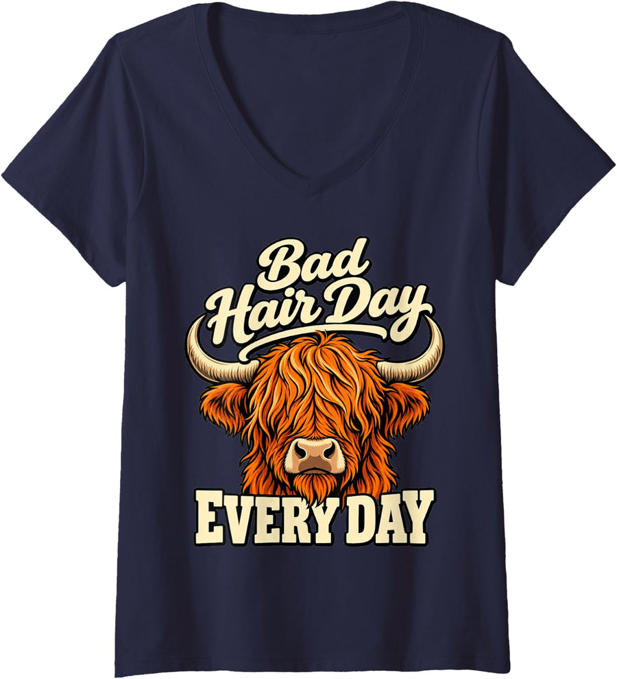 Women's Highland Cow Bad Hair Day Every Day Farm Animal Lover V-Neck T-Shirt - Navy Blue