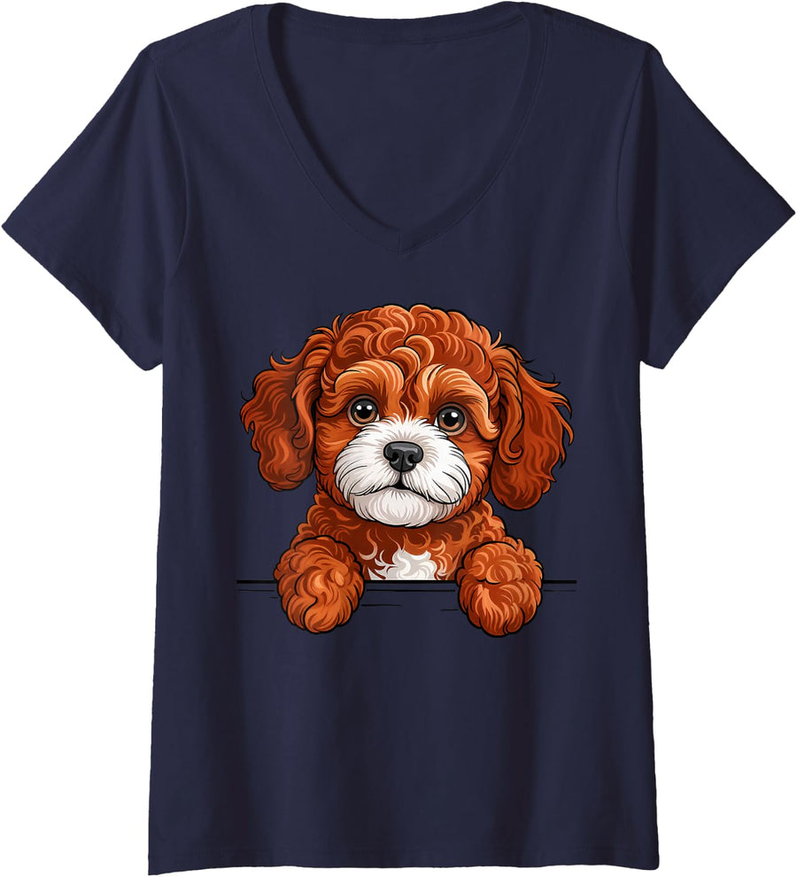 Women's Red Cavapoo Cute Peeking Cavoodle V-Neck T-Shirt - Navy Blue