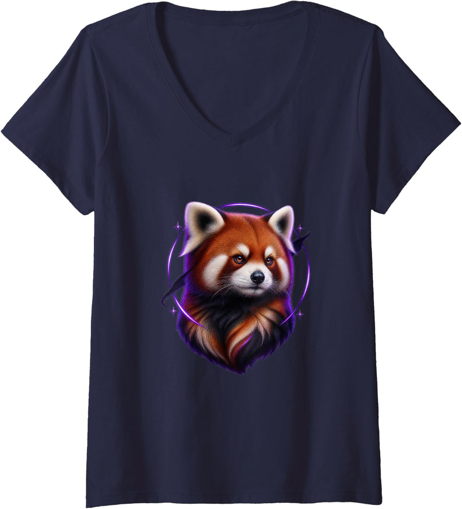 Women's Red Panda with Violet Eclipse Ring Forest Art V-Neck T-Shirt - Navy Blue