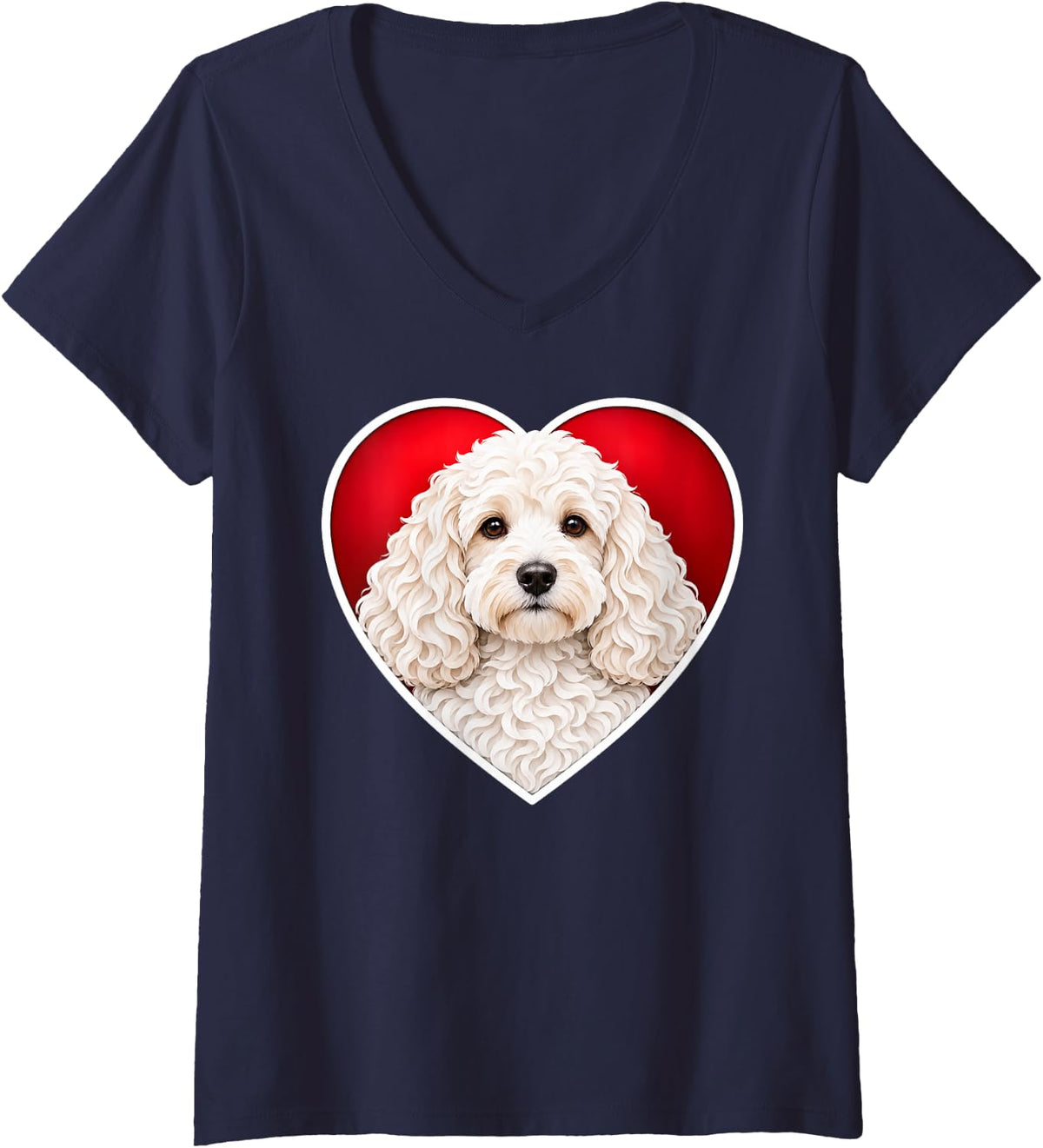 Women's White Cockapoo Heart V-Neck T-Shirt - Navy Blue