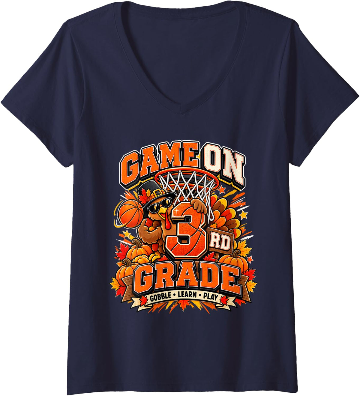 Women's Third Grade Funny Turkey 3rd Grade Basketball Thanksgiving V-Neck T-Shirt - Navy Blue