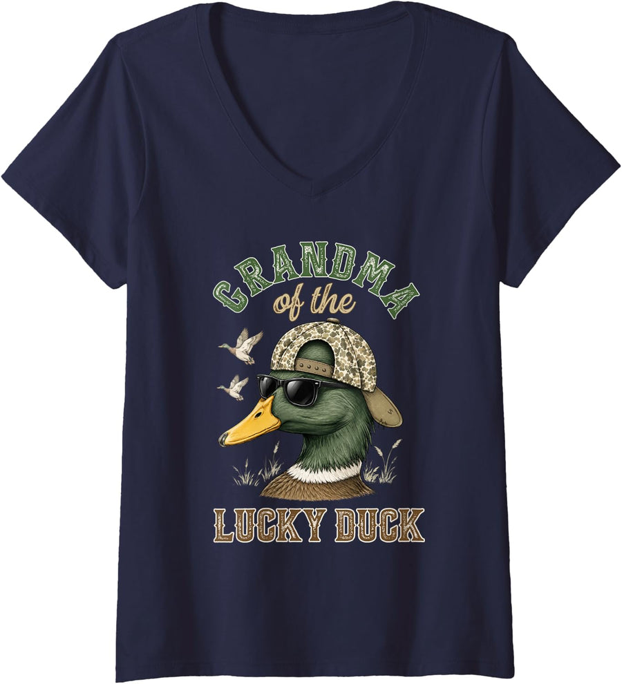 Women's Grandma of The Lucky Birthday Mallard Duck Hunting Family V-Neck T-Shirt - Navy Blue