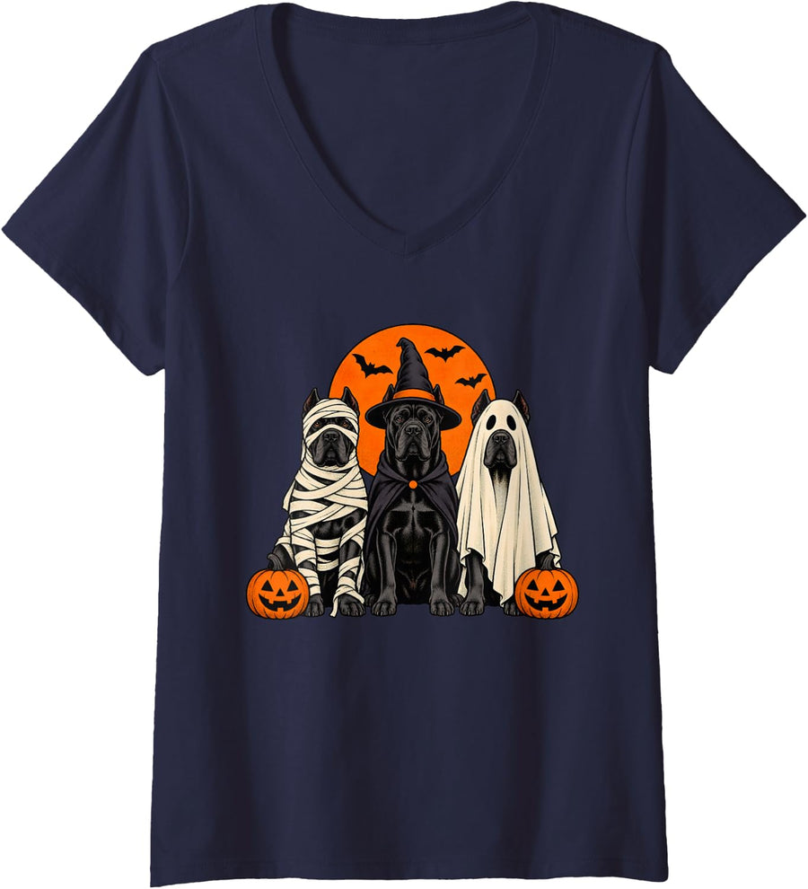 Women's Halloween Cane Corso Mummy Witch Ghost Costume Trio V-Neck T-Shirt - Navy Blue