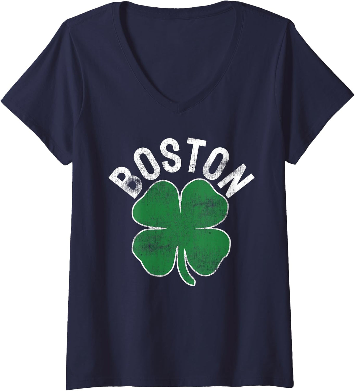 Womens St. Patrick's Day Shamrock Massachusetts Boston Irish Green V-Neck T-Shirt - Navy Blue
