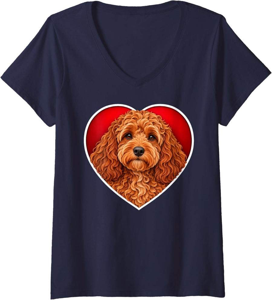 Women's Red Cockapoo Heart V-Neck T-Shirt - Navy Blue