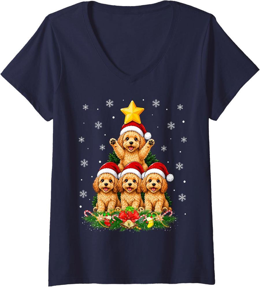 Women's Cute Cockapoo Dog Christmas Tree Festive Cockapoo Puppy Xmas V-Neck T-Shirt - Navy Blue