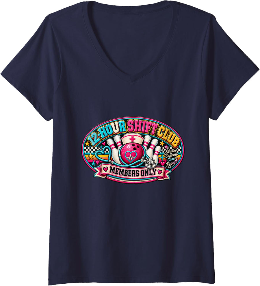 Women's 12 Hour Shift Club Nurse Bowling Caffeine Humor V-Neck T-Shirt - Navy Blue