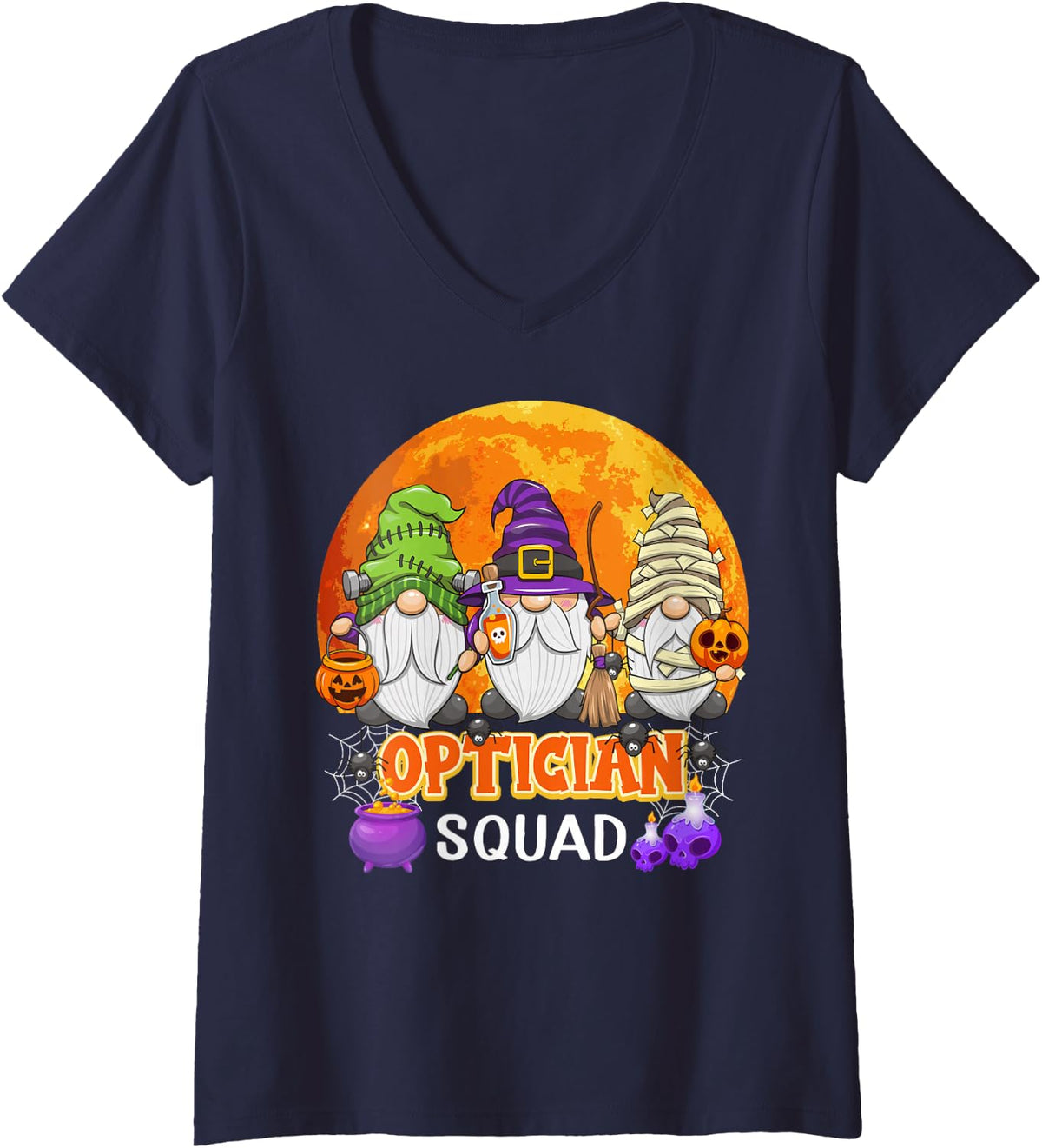 Women's Optician Squad Halloween Optometrist Gnome Matching V-Neck T-Shirt - Navy Blue