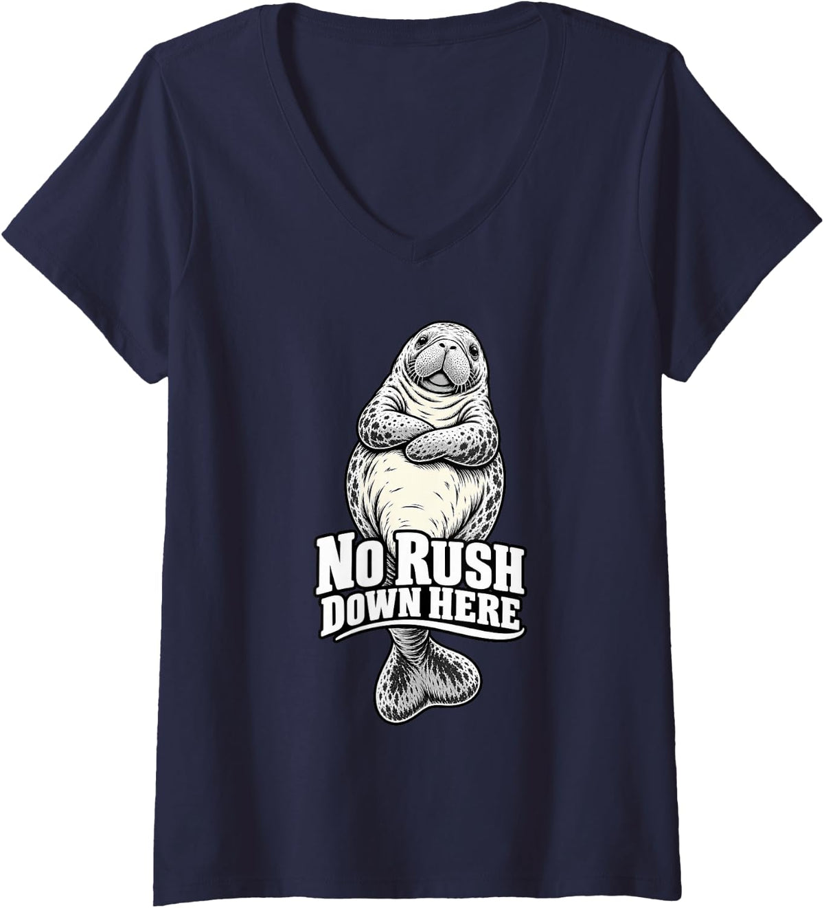 Women's Manatee No Rush Down Here Funny Florida Wildlife Ocean V-Neck T-Shirt - Navy Blue