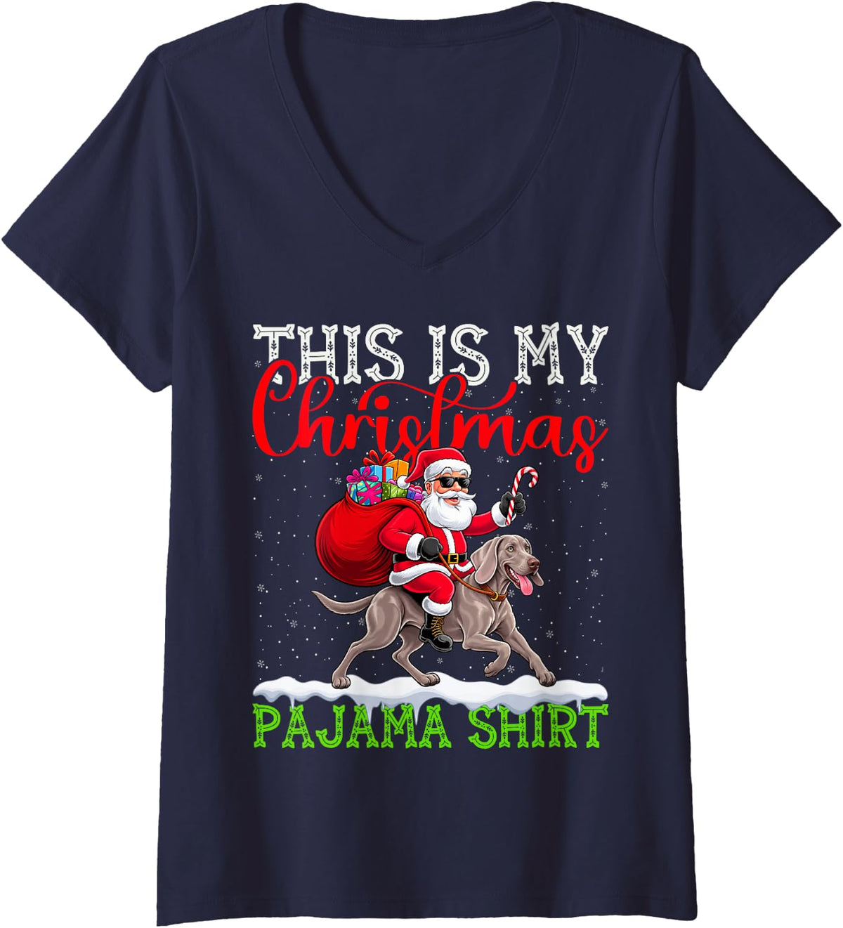 Women's This is My Weimaraner Ugly Christmas Pajama Sweater Dog V-Neck T-Shirt - Navy Blue