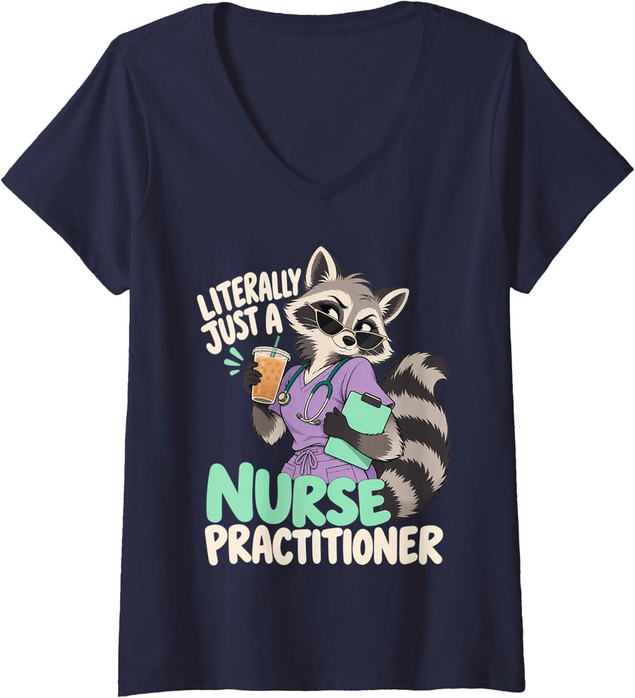 Women's Literally Just a Nurse Practitioner Funny Healthcare Raccoon V-Neck T-Shirt - Navy Blue