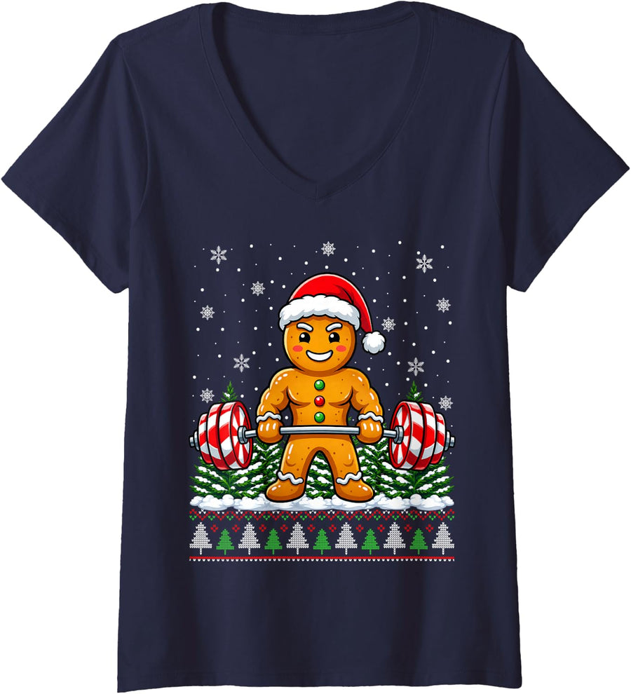 Women's Muscular Festive Gingerbread Fitness Gym Christmas Holiday V-Neck T-Shirt - Navy Blue