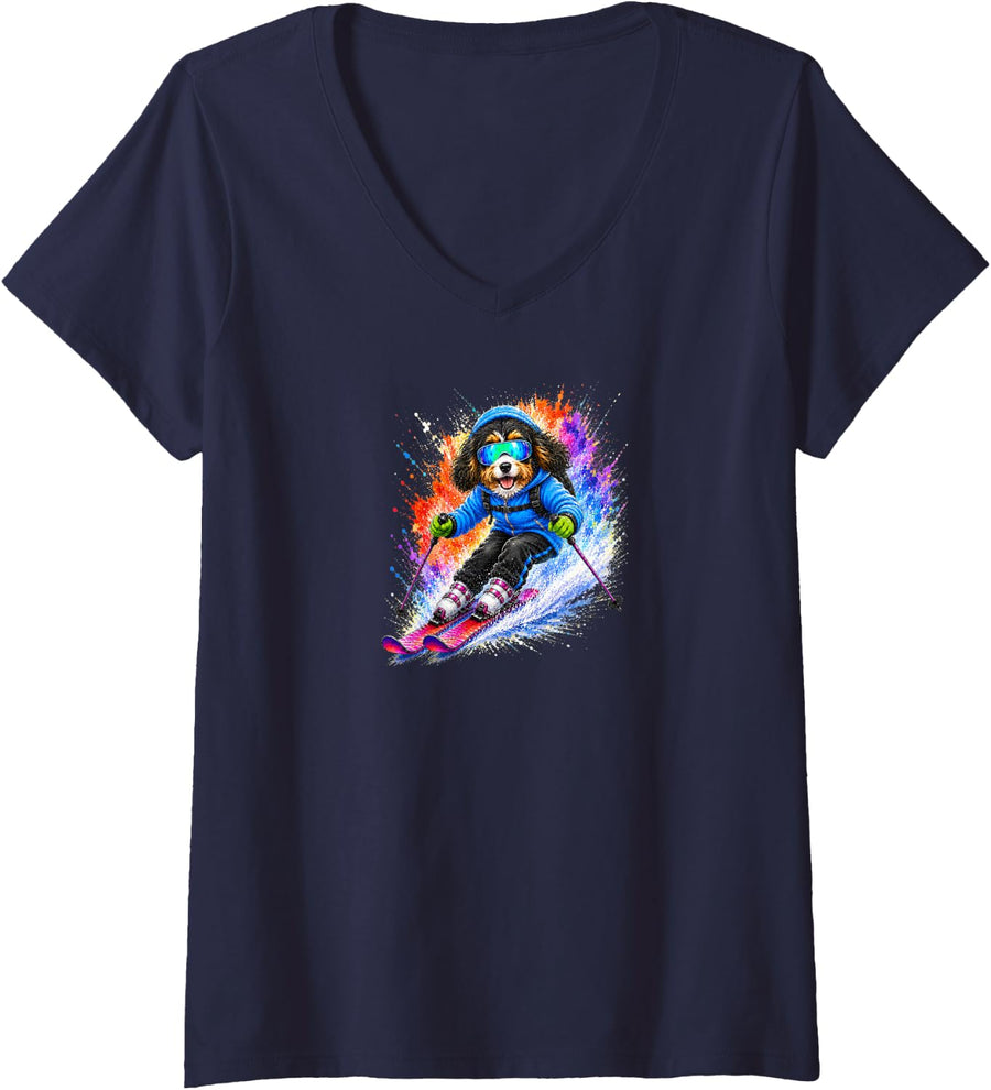 Women's Cockapoo Dog Skiing Watercolor Splash Art V-Neck T-Shirt - Navy Blue