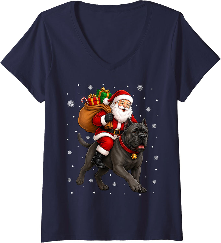 Women's Festive Holiday Funny Santa Riding Cane Corso Dog Christmas V-Neck T-Shirt - Navy Blue