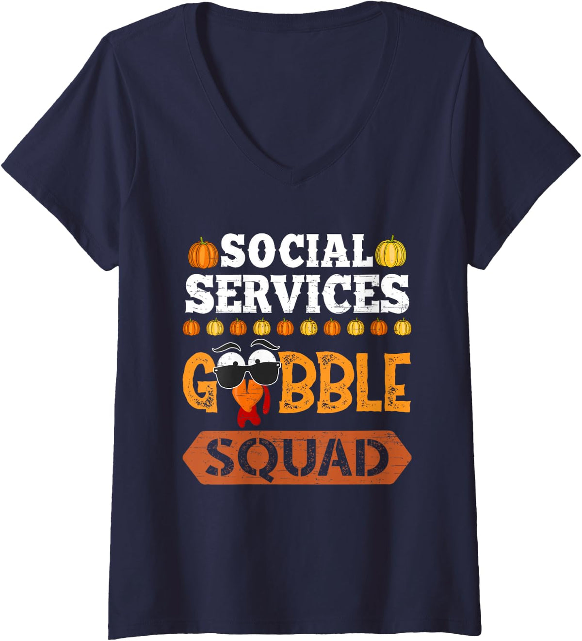 Women's Social Services Gobble Squad Turkey Thanksgiving V-Neck T-Shirt - Navy Blue