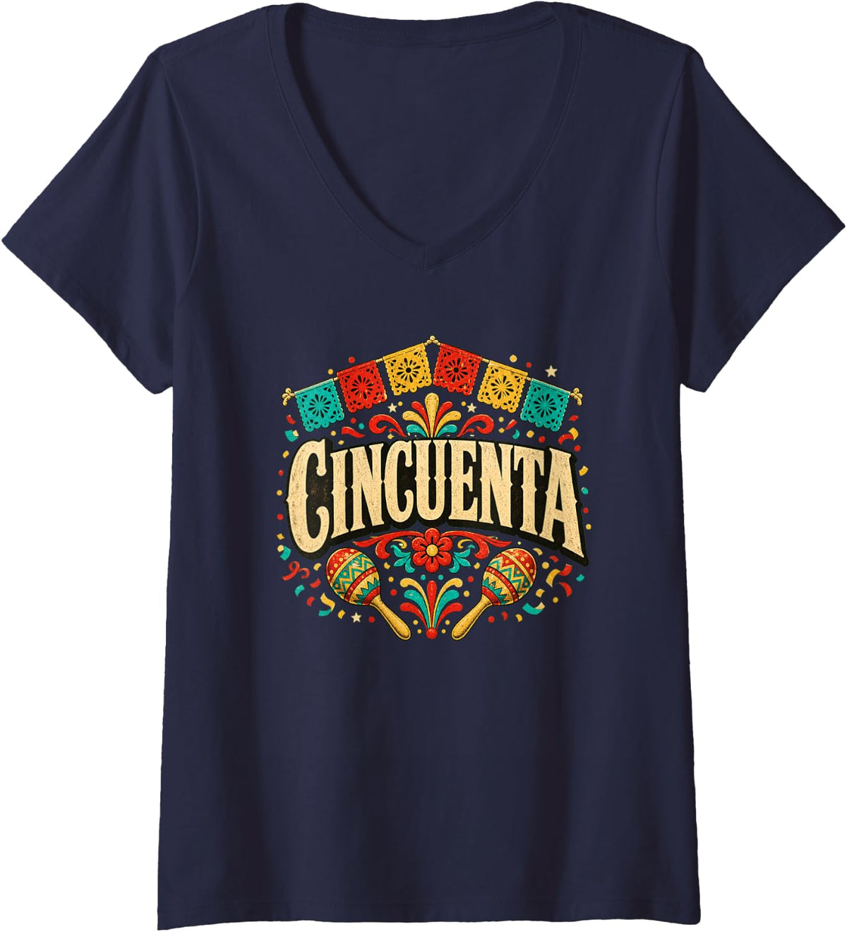Women's Cincuenta 50 Maracas Hispanic Birthday Fiesta Celebration V-Neck T-Shirt - Navy Blue