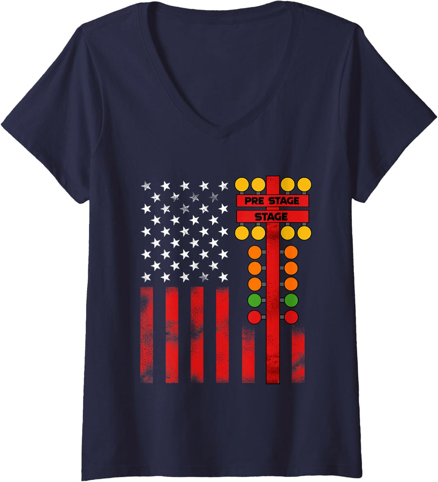 Women's American Flag Drag Racing Strip Tree Light for Dragster V-Neck T-Shirt - Navy Blue