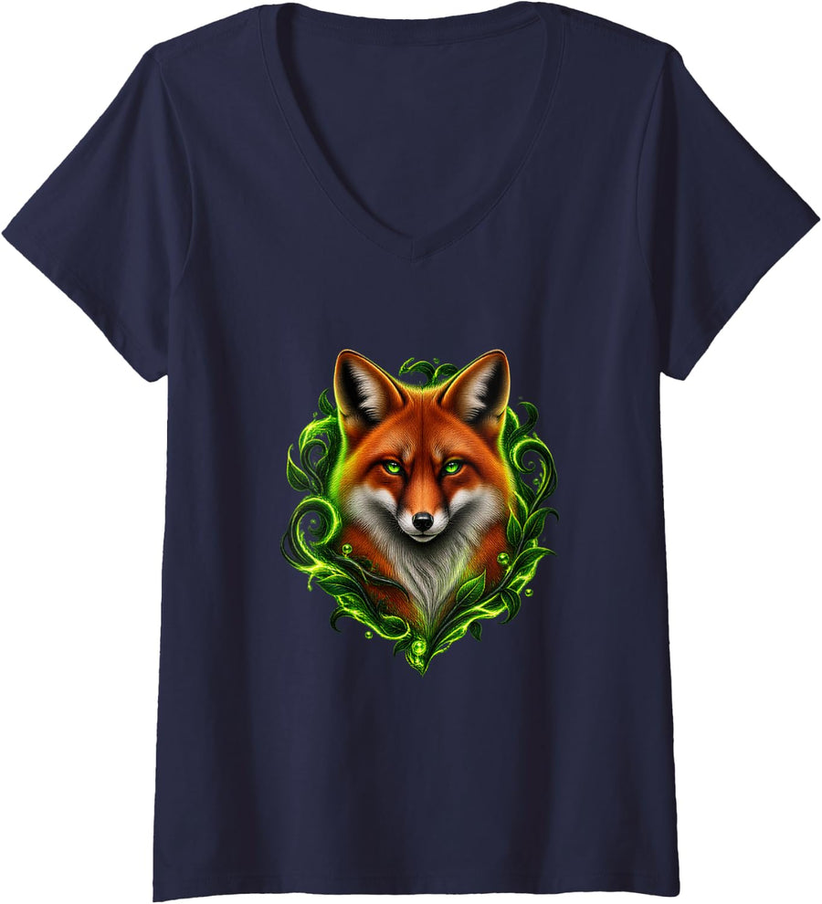 Women's Fox with Lime Curling Vines V-Neck T-Shirt - Navy Blue