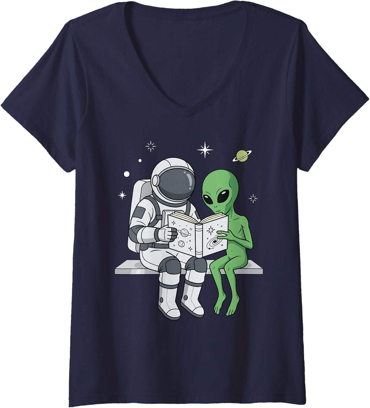 Women's Astronaut Alien Reading Book Space Astronomy Galaxy V-Neck T-Shirt - Navy Blue