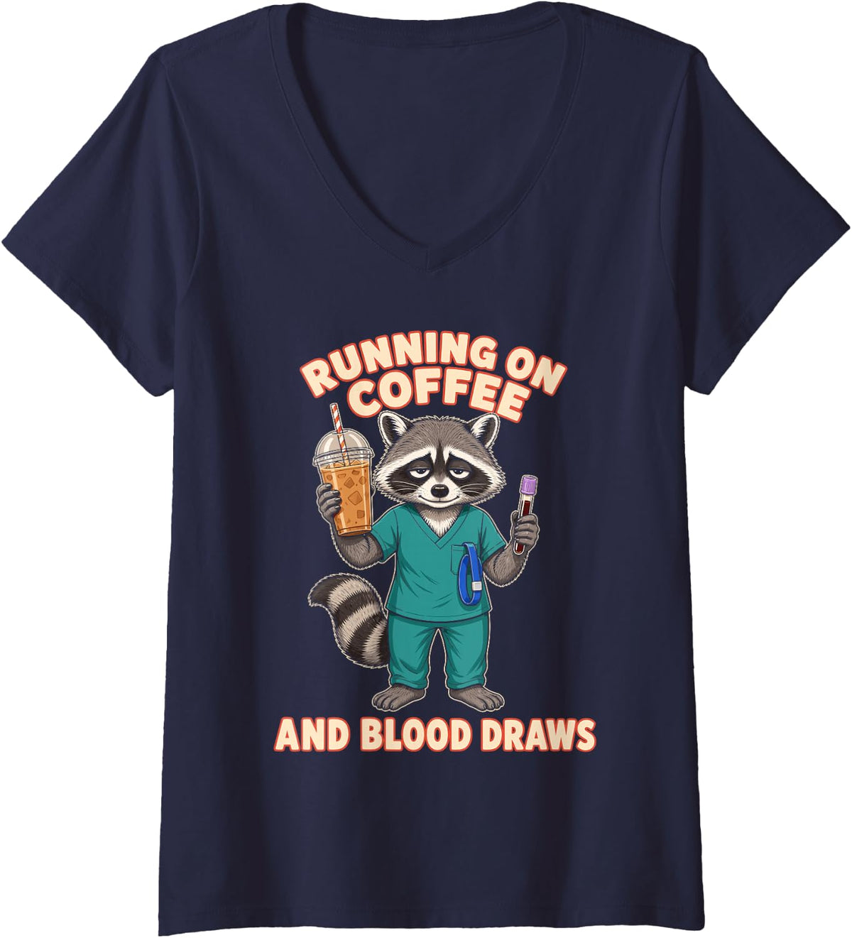Women's Phlebotomist Running On Coffee and Blood Draws Phlebotomy V-Neck T-Shirt - Navy Blue