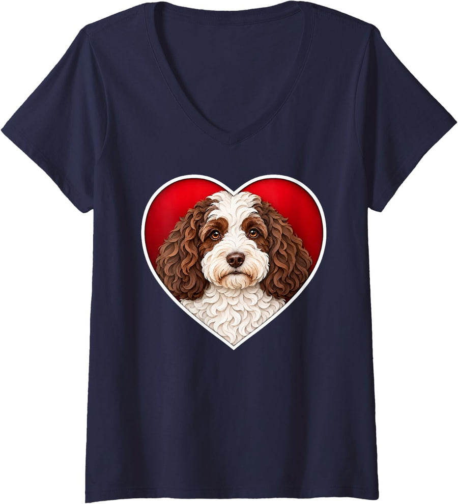Women's Brown and White Cockapoo Heart V-Neck T-Shirt - Navy Blue