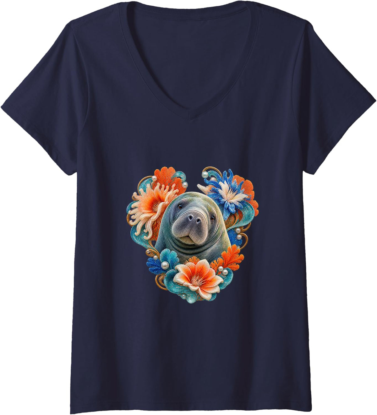 Women's Manatee with Coral Anemones and Turquoise Curling Frame V-Neck T-Shirt - Navy Blue