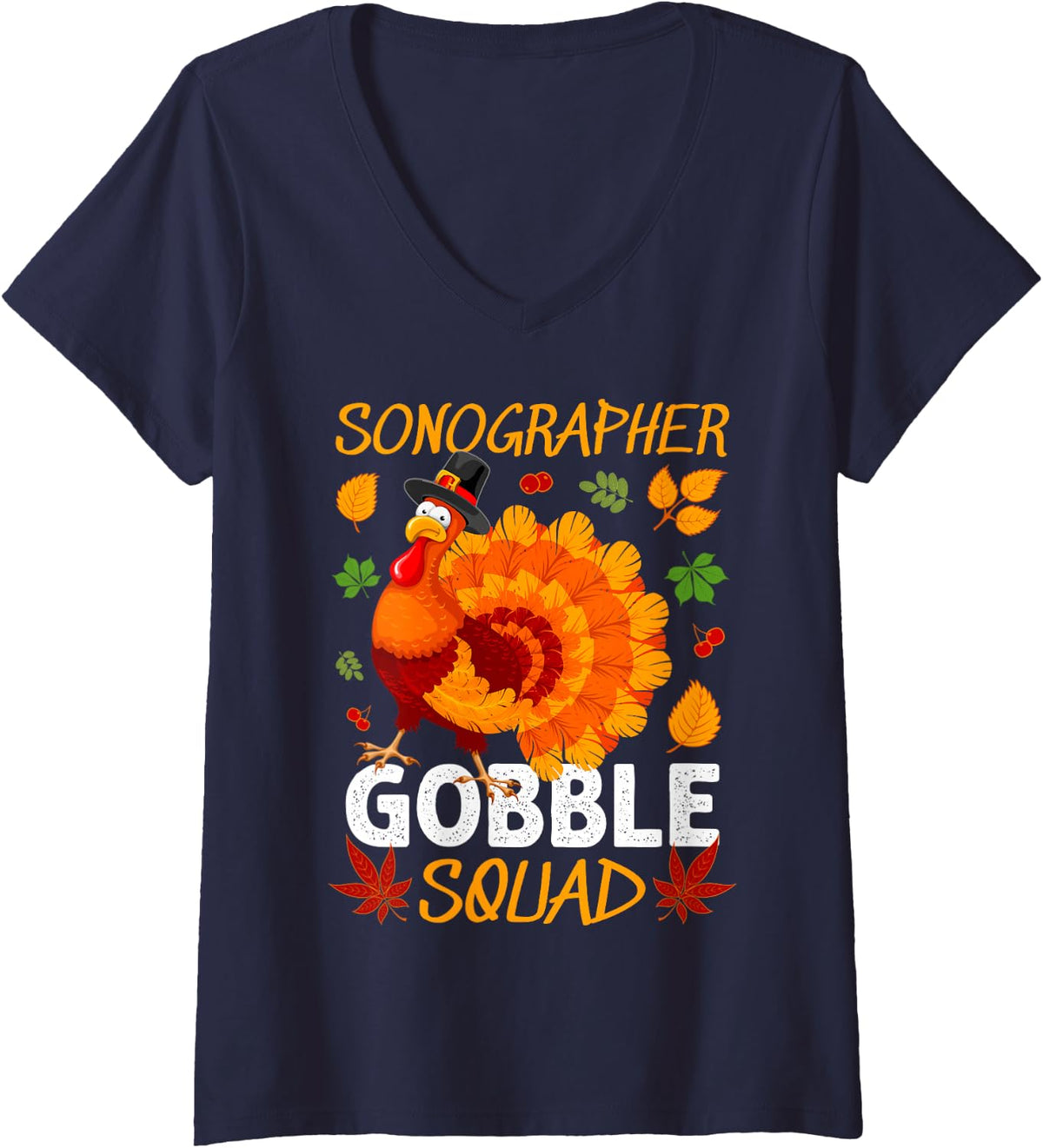 Women's Sonographer Gobble Squad Thanksgiving Turkey V-Neck T-Shirt - Navy Blue