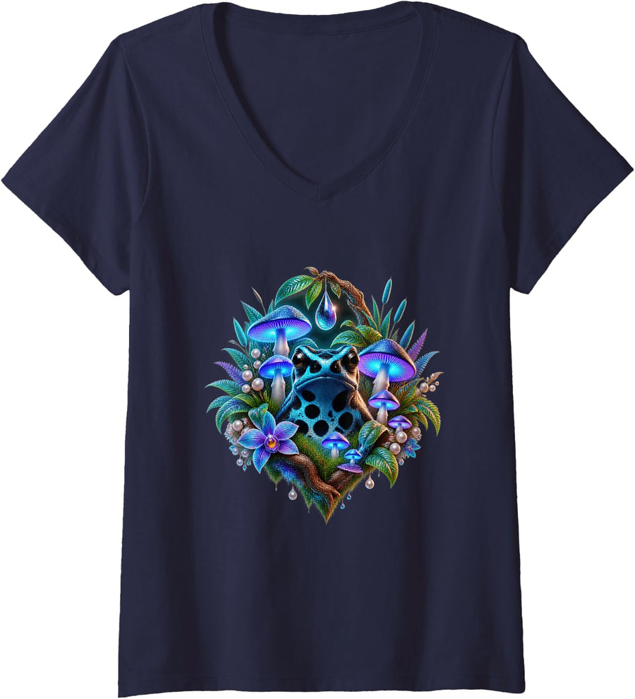 Women's Blue Poison Dart Frog with Violet Mushrooms V-Neck T-Shirt - Navy Blue