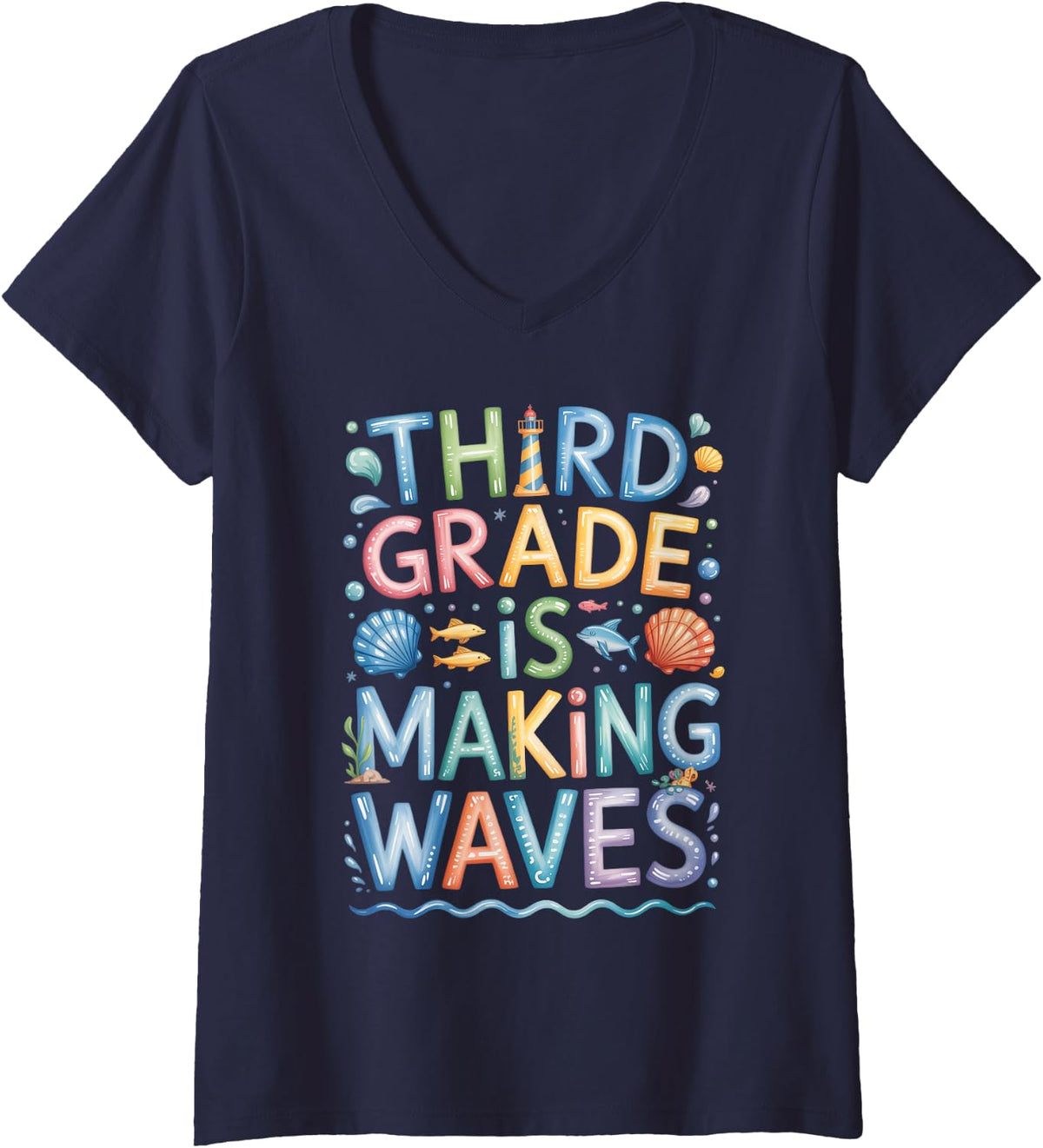Women's Third Grade is Making Waves Back to School Kids and Teachers V-Neck T-Shirt - Navy Blue