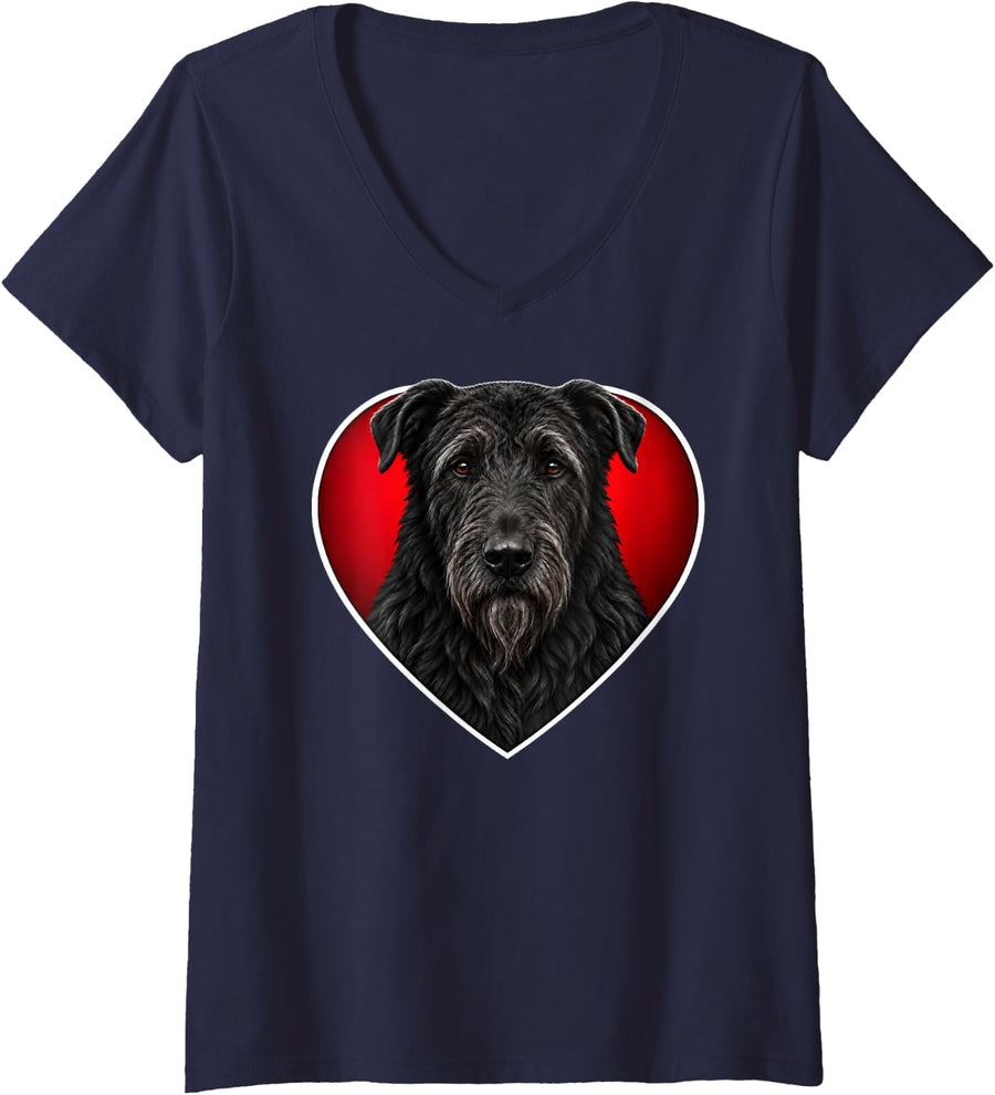 Women's Black Irish Wolfhound Heart V-Neck T-Shirt - Navy Blue