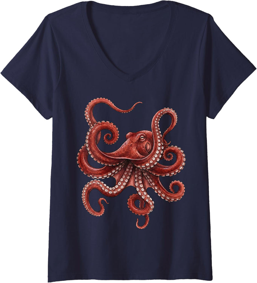 Women's Octopus Abstract Ocean Art Marine Life Colorful V-Neck T-Shirt - Navy Blue