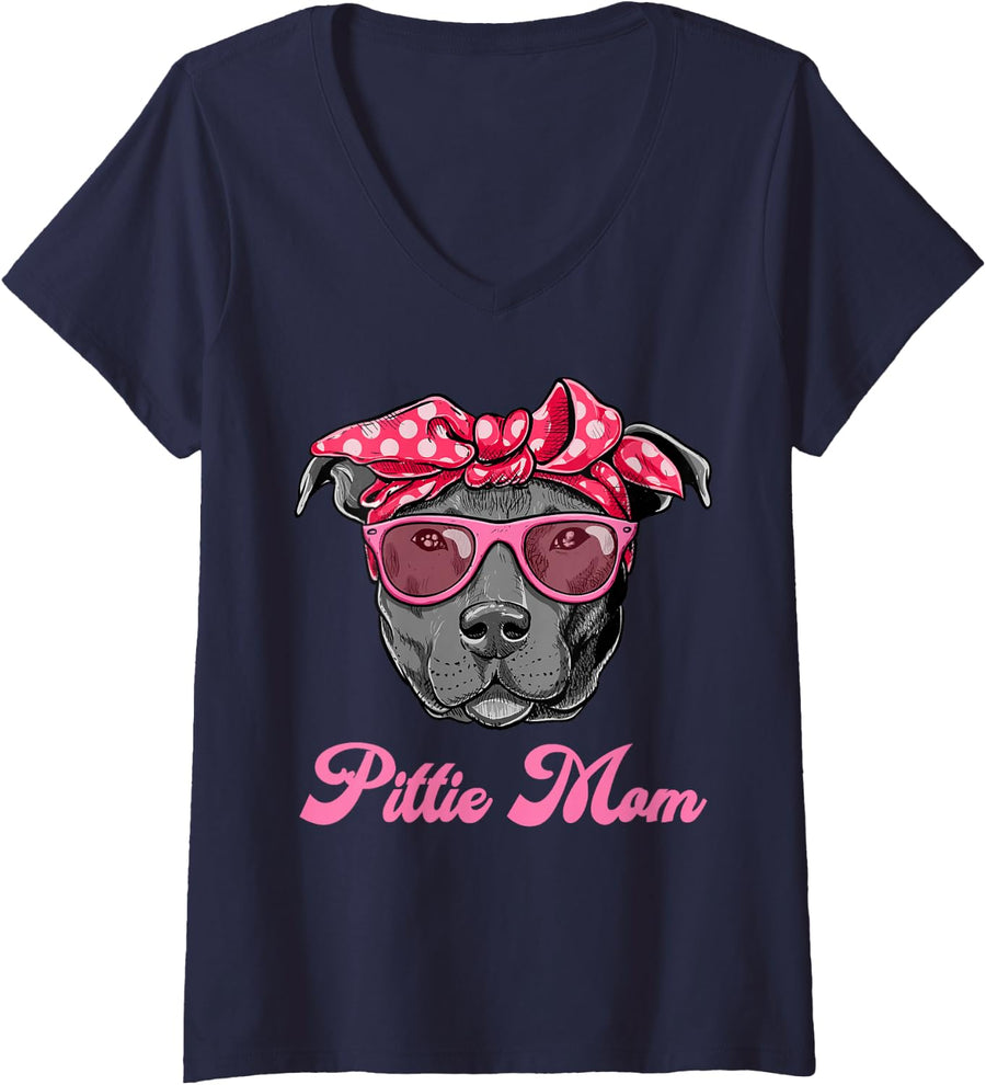 Womens Funny PITTIE MOM Women T-Shirt Cool Pitbull Dog Retro Tee V-Neck T-Shirt - Navy Blue