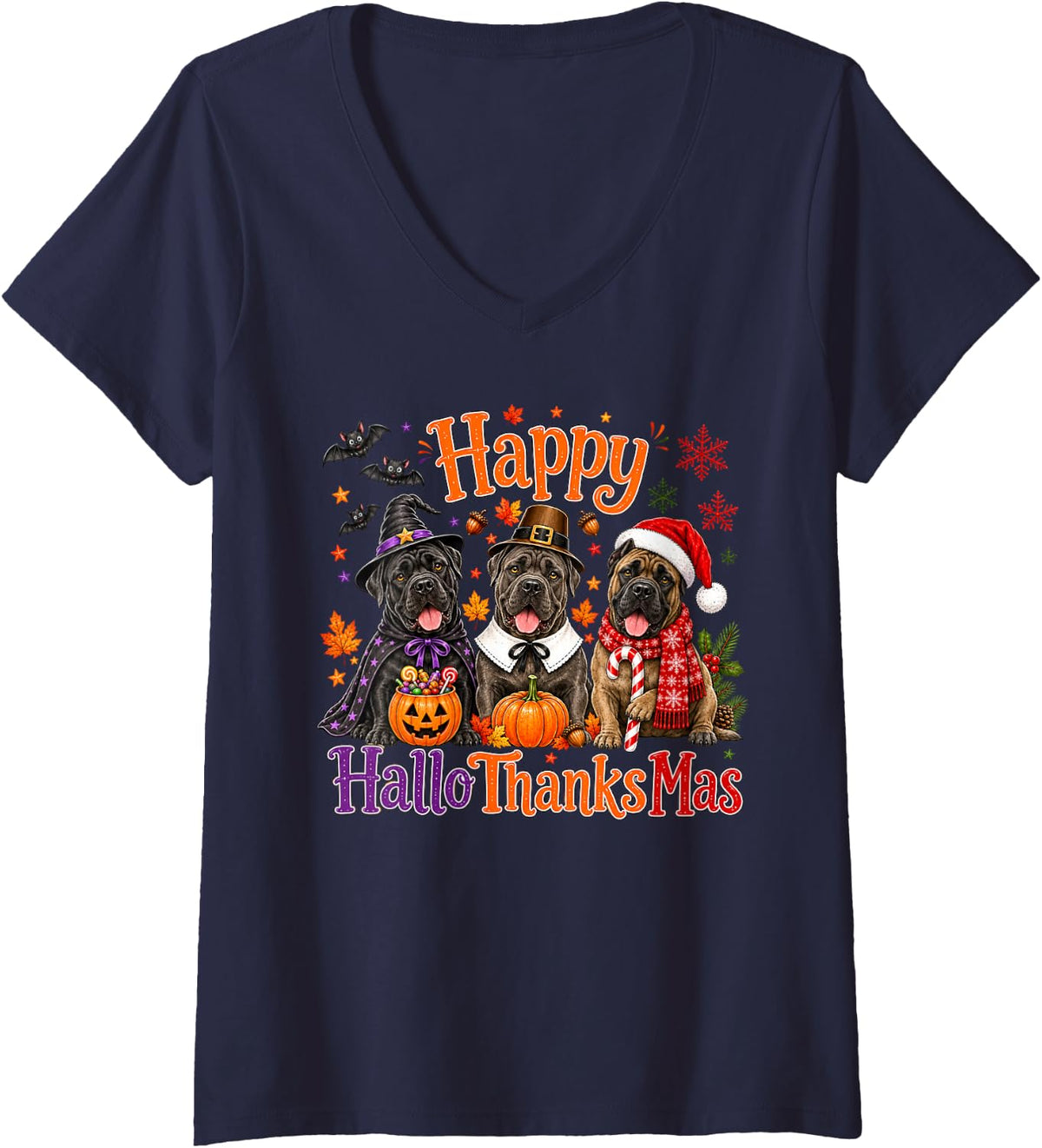 Women's Cane Corso Happy Hallothanksmas Halloween Thanksgiving Xmas V-Neck T-Shirt - Navy Blue