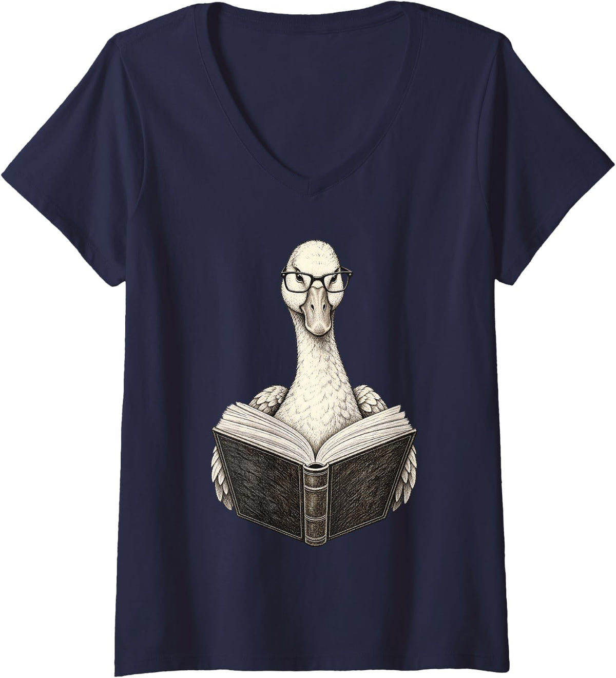 Women's Reading Goose with Glasses Book Lover Library Funny Humor V-Neck T-Shirt - Navy Blue