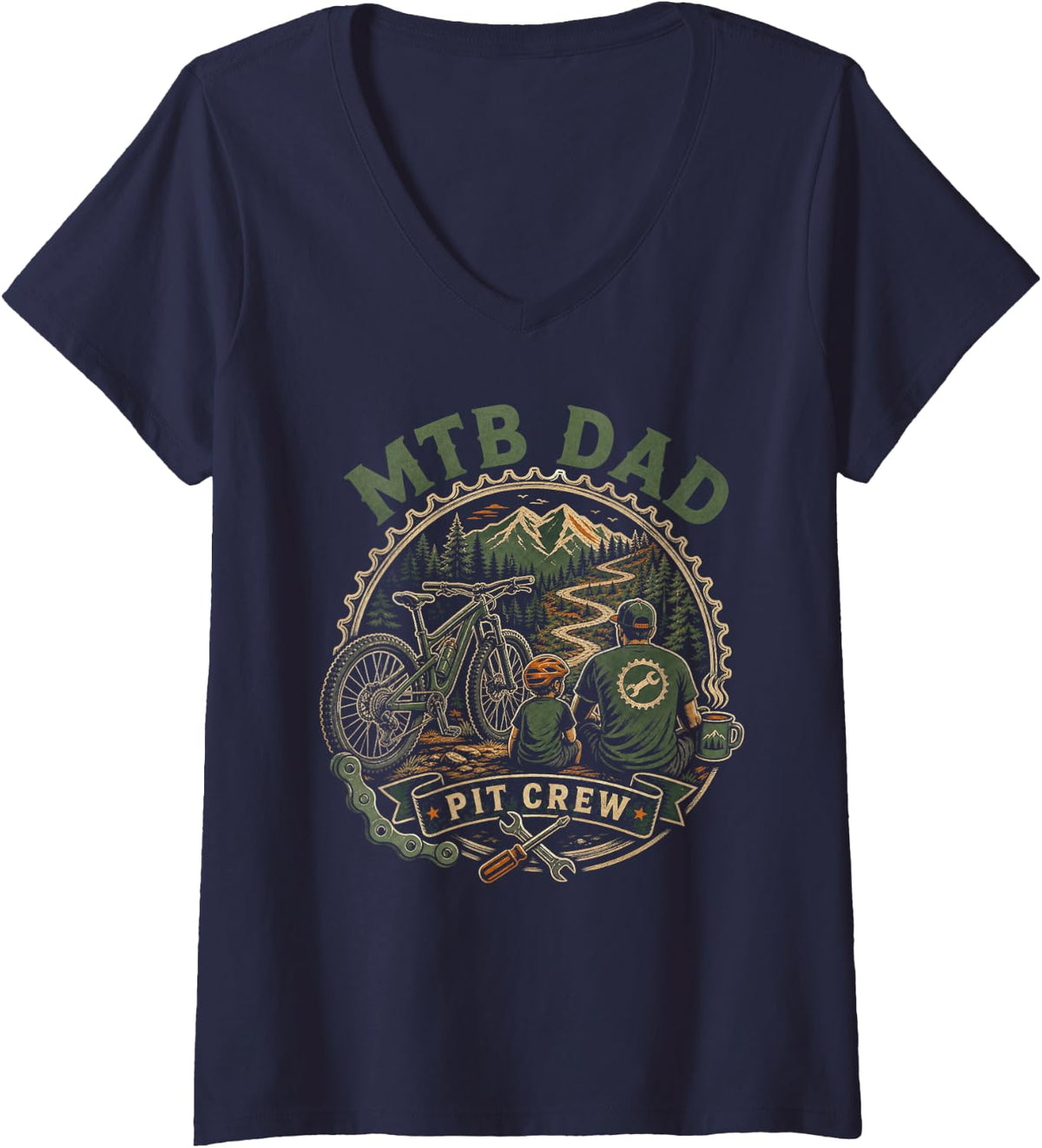 Women's MTB Dad Pit Crew Mountain Bike V-Neck T-Shirt - Navy Blue